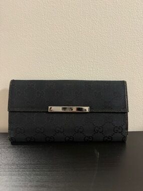 Authentic Gucci Black GG Canvas Continental Wallet with Silver Plaque